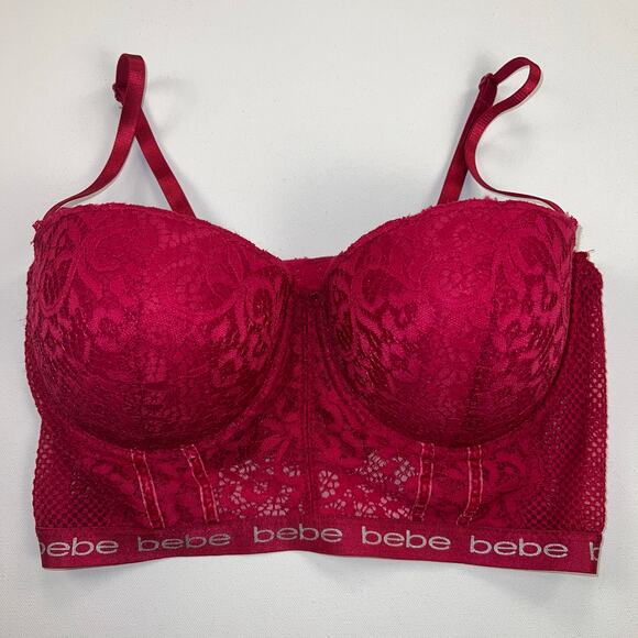 Bebe Wide Lace Mesh Band Padded Push Up Bra Berry Red Size 38C - Picture 1 of 10